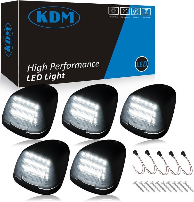 KDM Smoked Lens Led Cab Roof Top Marker Lights assembly Fit for 1999-2016 Ford F250 F350 F450 F550 F650 F750 E150 E250 E350 E450 Super Duty，Mounted Running Clearance Bright White,5Pcs Pack - Image 1